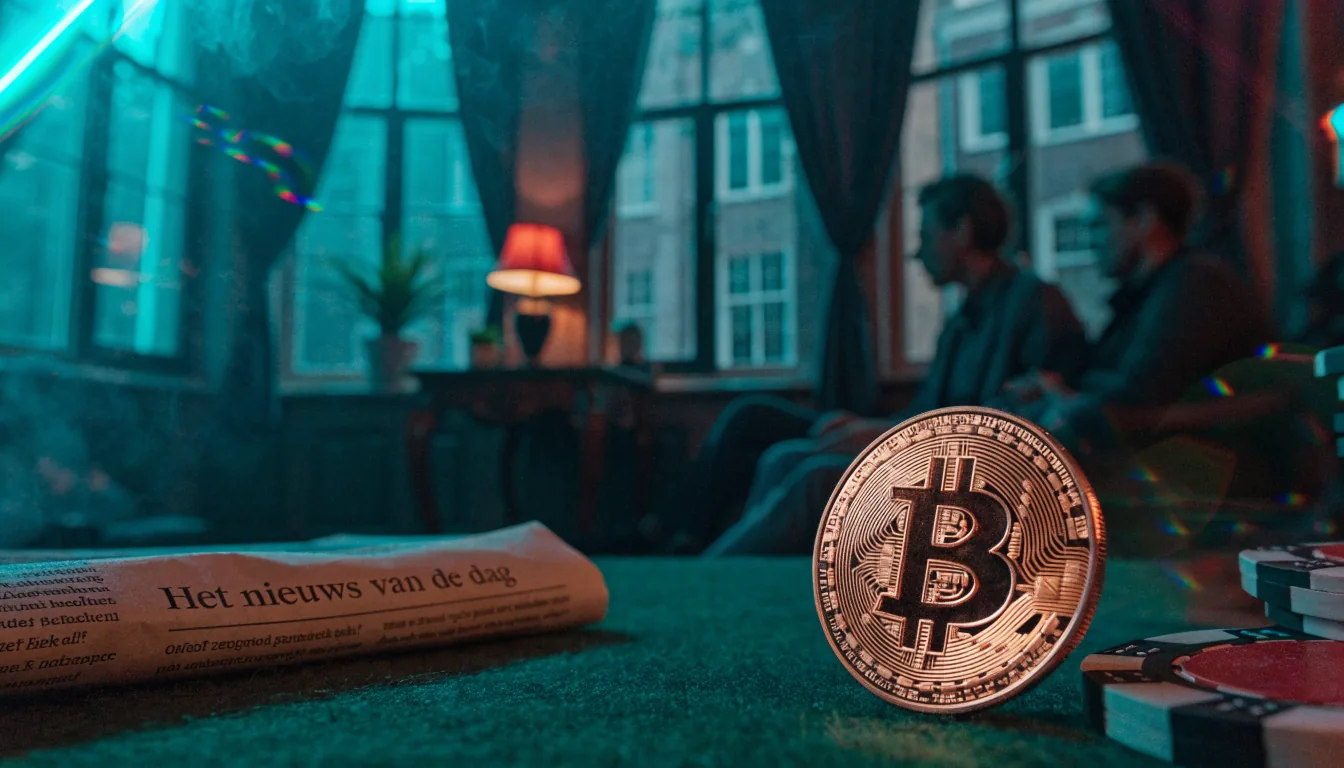 Bitcoin Cash-munt op groen vilt met pokerchips, Amsterdamse grachtenhuis-achtergrond.