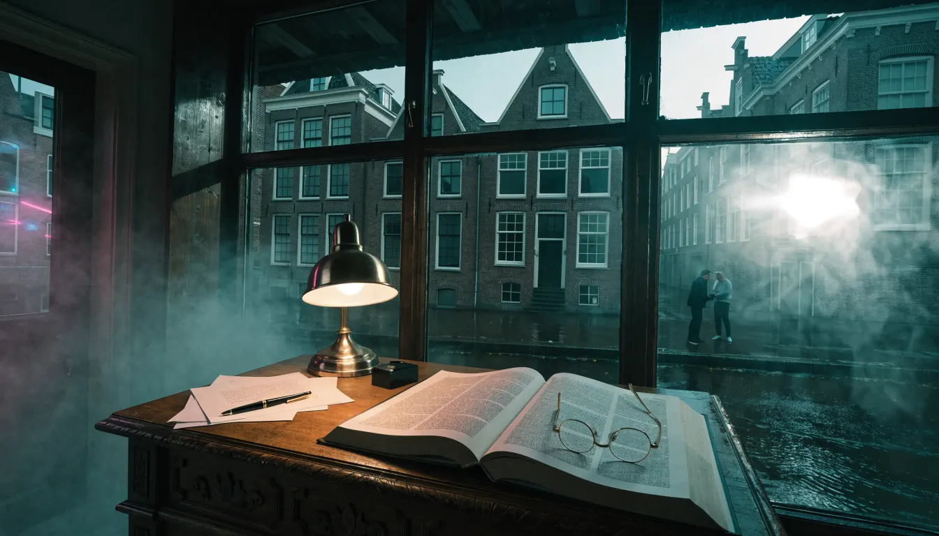 Houten bureau met wetboek, leesbril en pen in een Nederlands grachtenpand