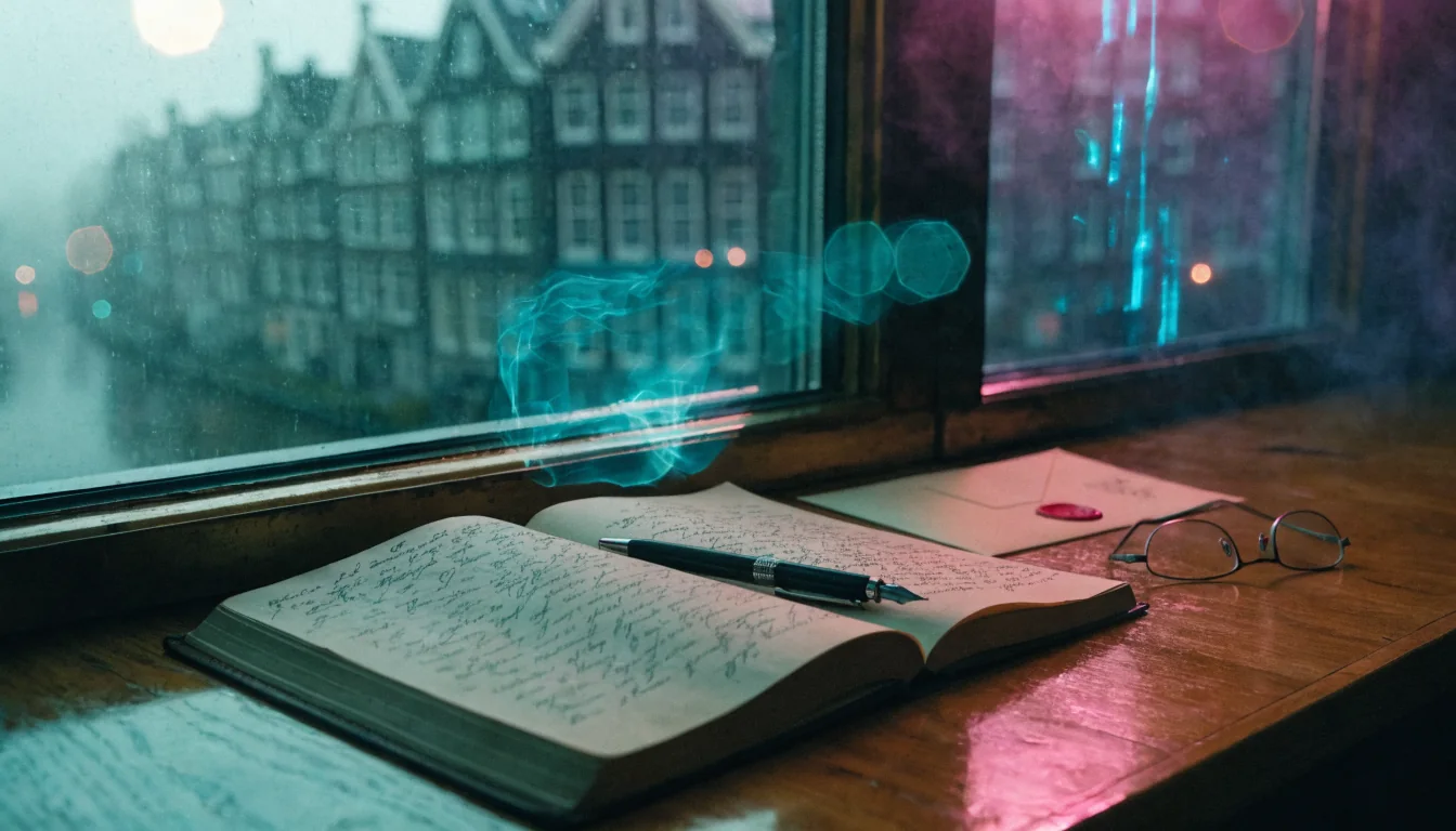 Open notitieboek met pen op een houten bureau naast een raam met uitzicht op Amsterdamse grachtenpanden.