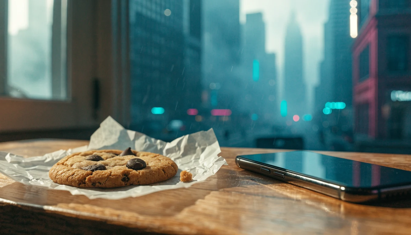 Chocolate chip cookie op een houten aanrecht naast een telefoon met ochtendlicht.