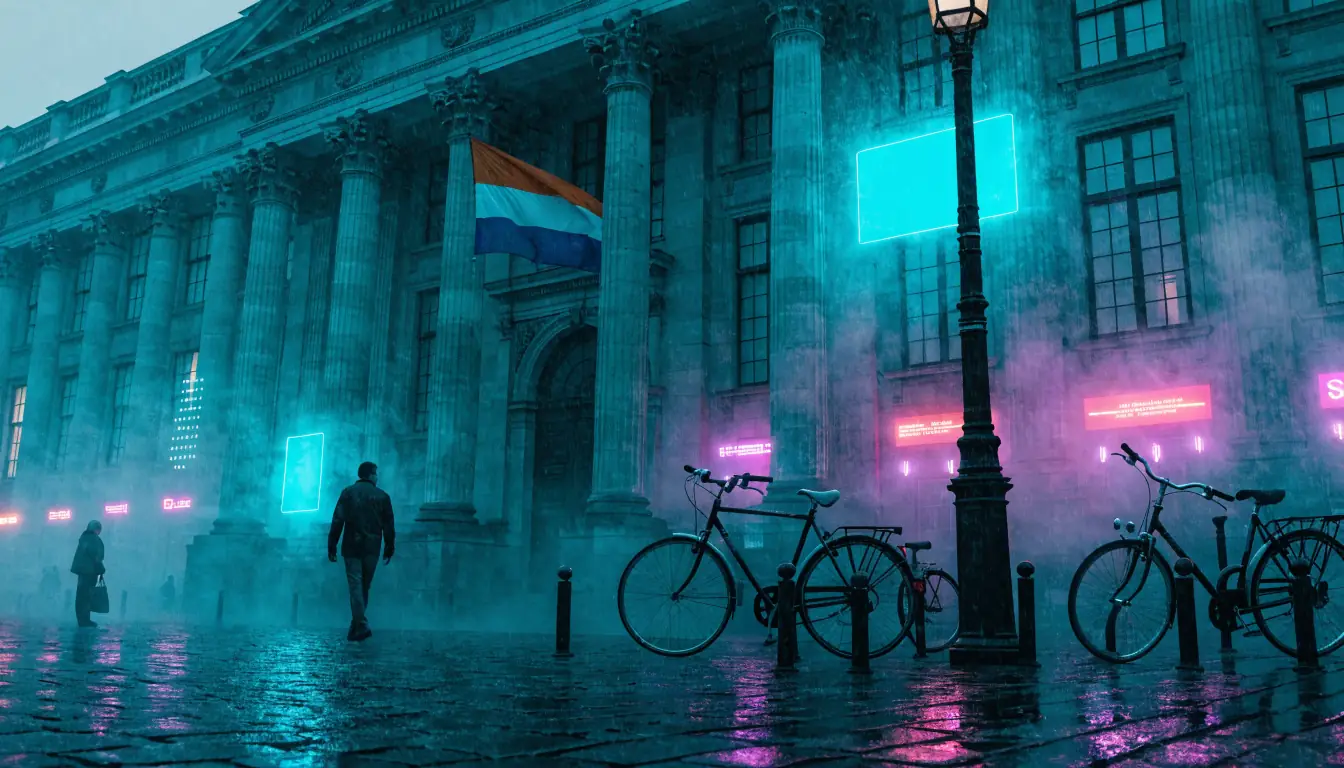 Klassiek Nederlands overheidsgebouw met vlag en fietsen
