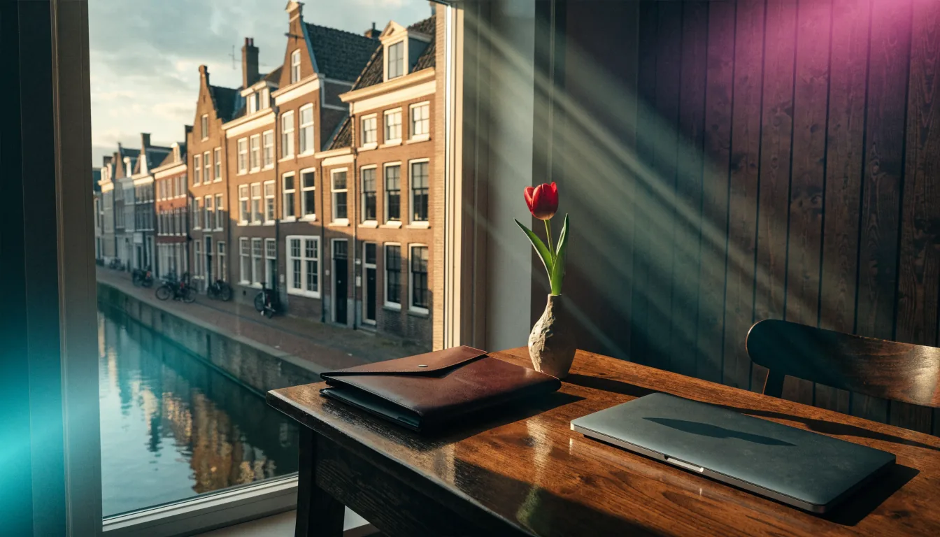 Opgeruimd Nederlands thuiskantoor met tulp bij het raam