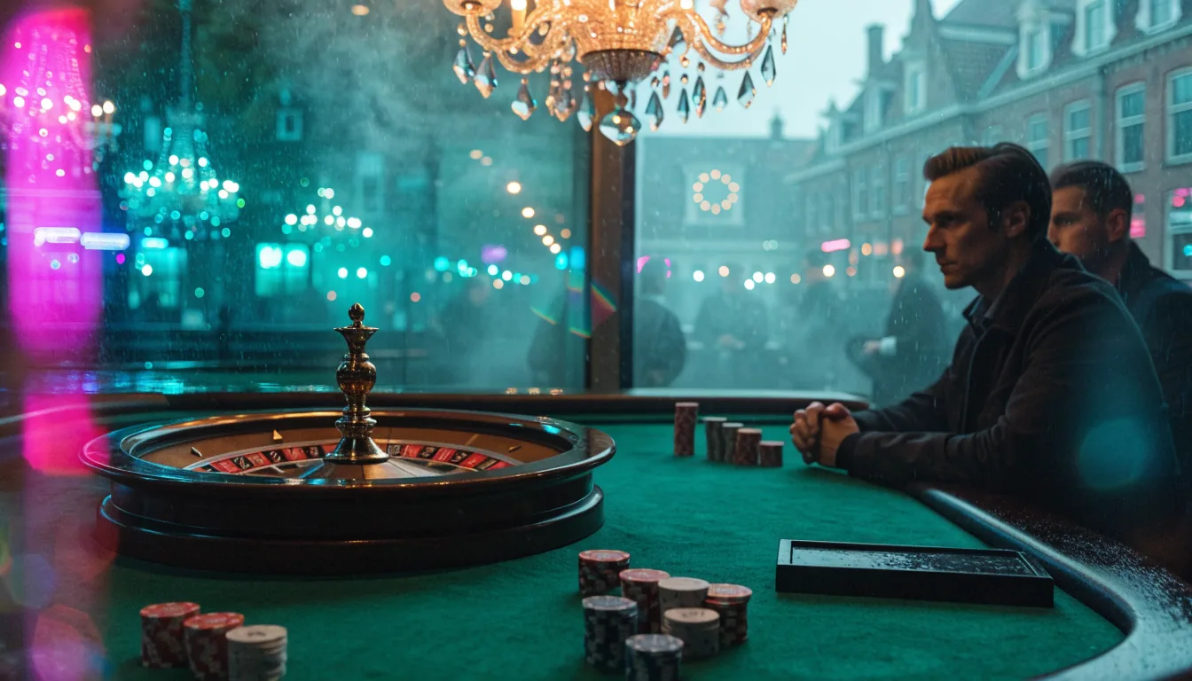 Roulettewiel en fiches op een groene casinotafel