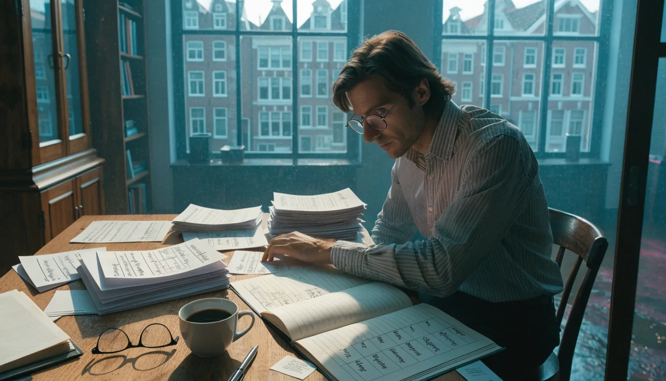 Analist aan een bureau met stapels rapporten en een notitieboek met vergelijkingscriteria